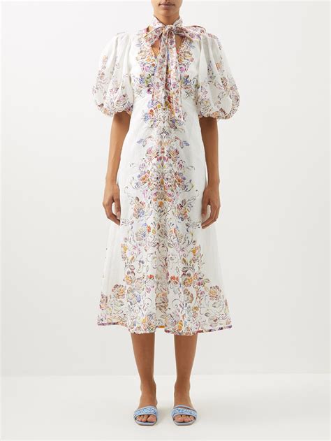 Zimmermann Zimmermann Prima Day Floral Print Linen Midi Dress Whitematchesfashion