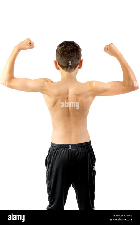 Shirtless Teenage Boy Flexing His Back Muscles Isolated On A White