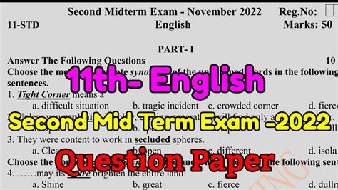 11th English Second Midterm Exam2022 Model Question Paper 2022 Pdf
