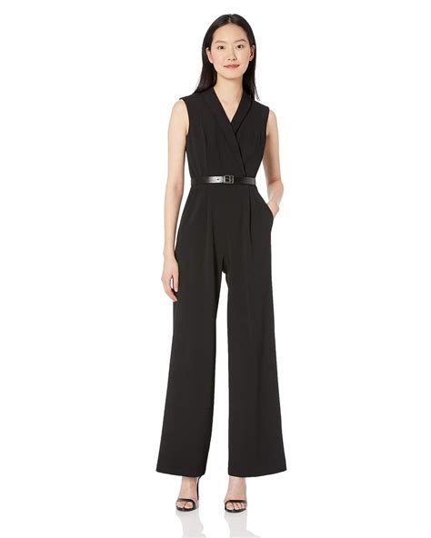 Calvin Klein Sleeveless Belted Jumpsuit With V Neck Collar In Black Lyst