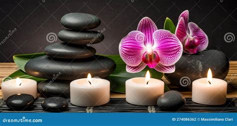 Spa Massage Basalt Stones With Candles Lotus Flowers Orchid Flower And Towels On Bamboo Mat