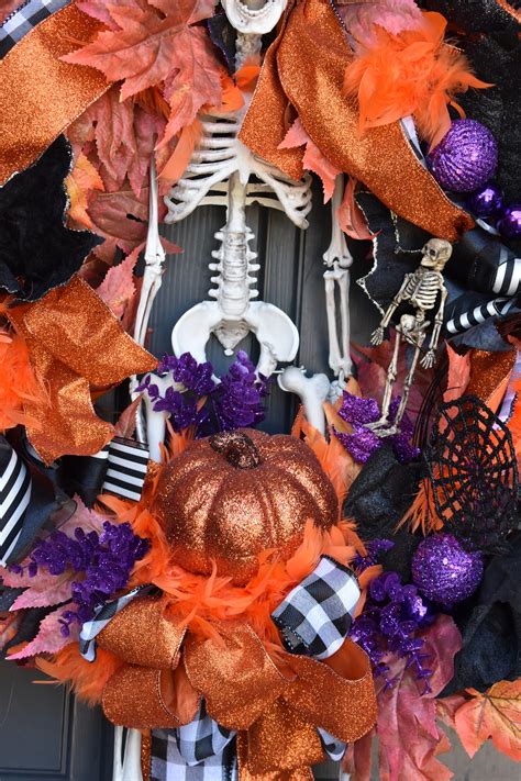 Halloween Wreath Skeleton Wreath Skull Wreath Orange And Etsy