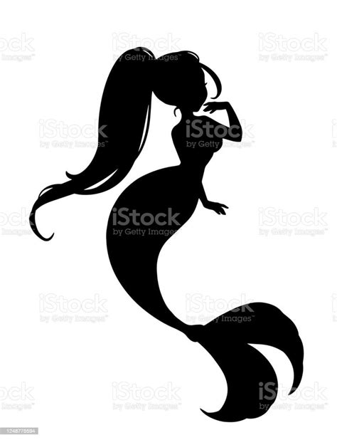 Mermaid Black Silhouette Hand Drawn Vector Illustration Stock