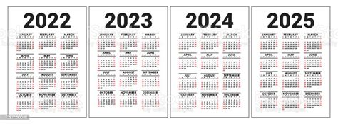 Takvim 2022 2023 2024 Ve 2025 İngilizce Vektör Seti Dikey Duvar Veya