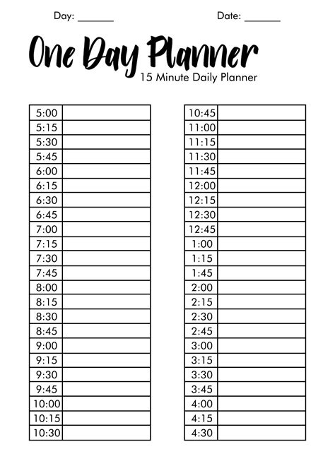 Printable Daily Schedule Template 15 Minute Intervals Printable