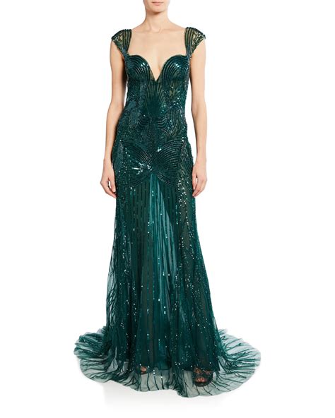 Monique Lhuillier Sequin Embroidered Chiffon Gown Gowns Couture