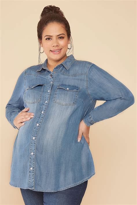 Bump It Up Maternity Blue Denim Shirt Plus Size 16 To 32