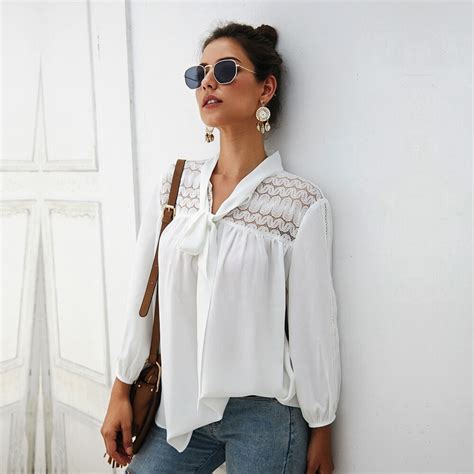 Spring Summer Chifflon Lace Hollow Out Blouse Women Bow Full Sleeve