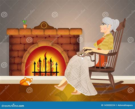 Grandmother Sitting On The Rocking Chair In Front Of The Fire Stock Illustration Illustration