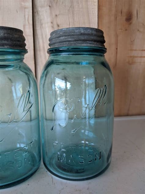 Antique Mason Jars Vintage Blue Ball Jars With Zinc Lids Etsy
