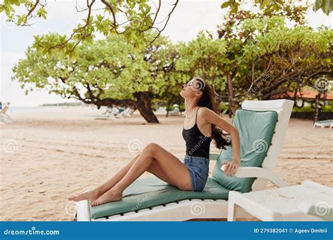 Woman Sunbed Travel Resort Lifestyle Beach Smiling Sea Lying Sand Ocean Stock Image Image Of