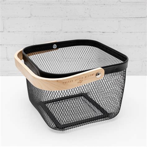 Neatly Wired Small Black Basket And Wood Handle Storage Basket