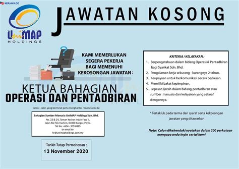 Jawatan kosong kerajaan 2021 di jabatan kebajikan masyarakat (jkm) | permohonan adalah dipelawa daripada warganegara malaysia yang berkelay. Iklan Jawatan Kosong Unimap Holdings • Kerja Kosong ...