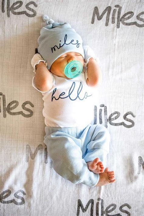 Baby Boy Coming Home Outfit Fall Winter Newborn Hello Bodysuit Blue
