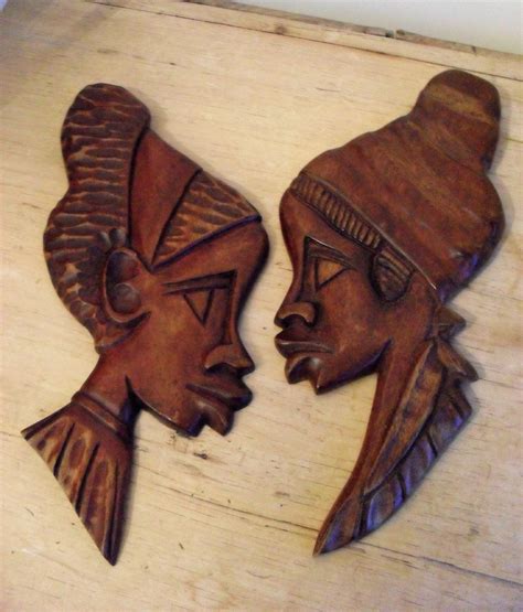 African Carvings Pair Figural Wall Hangings Hand Carved Wood Female