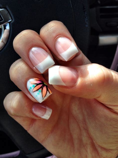 French Tip Gel Nails With Flower Art Design French Tip Gel Nails