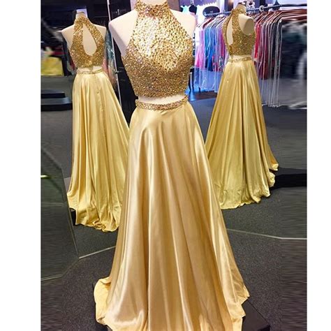 Beaded Gold Two Piece Prom Dresshigh Neck Formal Gown With Keyhole