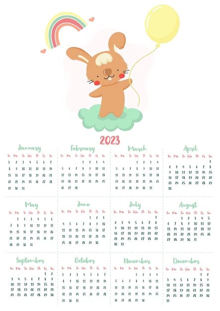 Vertikaler Vektorkalender 2023 Mit Niedlichem Cartoon Kaninchen