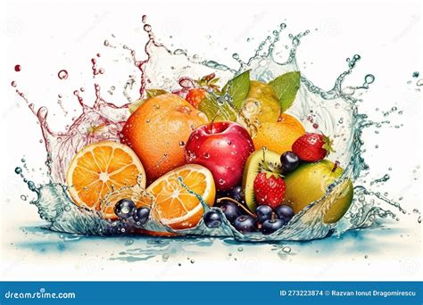 Fresh Fruits Oranges Kiwis Apples And Grapes In A Splash Of