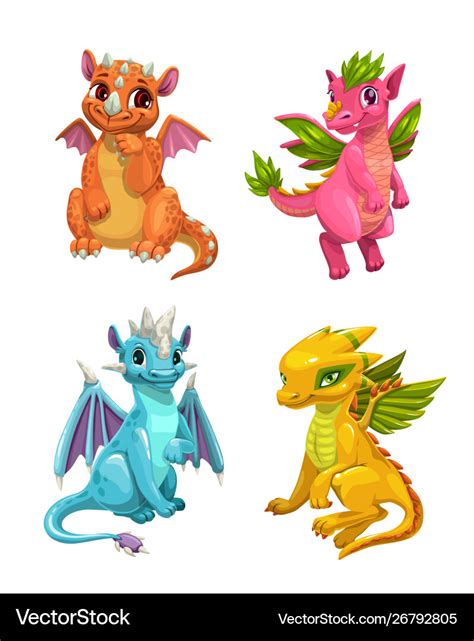 Little Cute Cartoon Dragons Set Colorful Fantasy Vector Image
