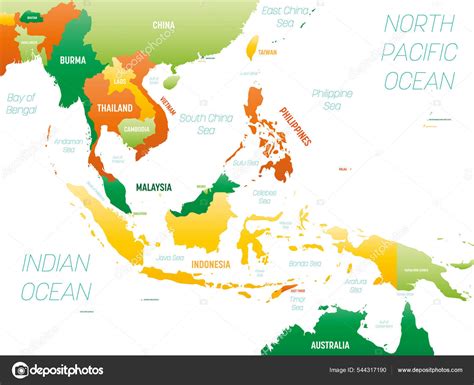 Sudeste Asiático Mapa Político Detalhado Com Lábios Imagem Vetorial De