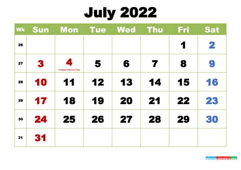 Free Printable July 2022 Calendar With Holidays