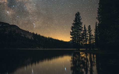 Download Wallpaper 3840x2400 Lake Night Starry Sky Landscape Dark