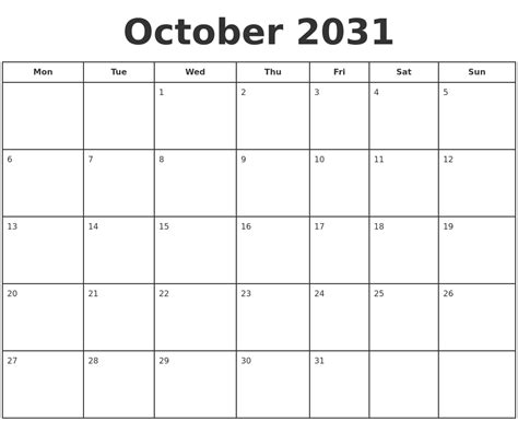 October 2031 Print A Calendar