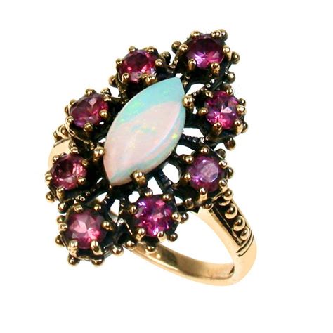 Vintage Opal Ring With Pink Tourmaline 9ct 9k Gold Victorian
