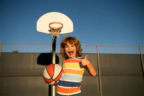 Basketball Kids Training Game Portrait Of Sporty Happy Child Thumbs