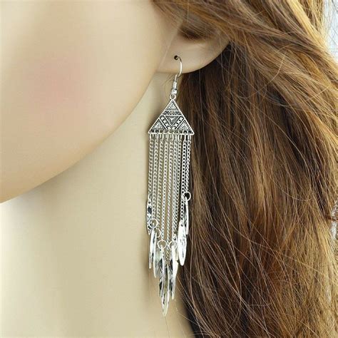 Silver And Black Tribal Long Chain Dangle Earrings Earrings Dangle