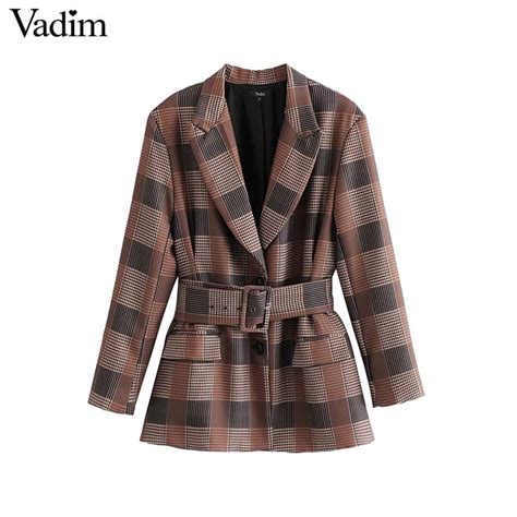 Vadim Vintage Plaid Single Breasted Blazer Sashes Pockets Long Sleeve
