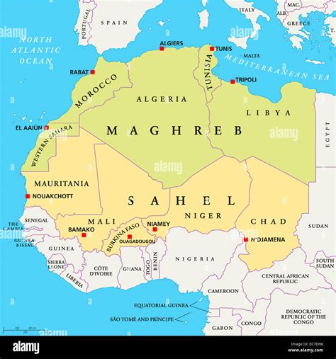 Maghreb And Sahel Political Map With Capitals And National Borders