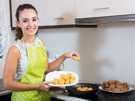 Girl Frying Delicious Crocchette Stock Image Image Of European Happy