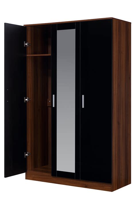 Reflect High Gloss 3 Door Mirrored Wardrobe In Black Gloss Walnut Uk