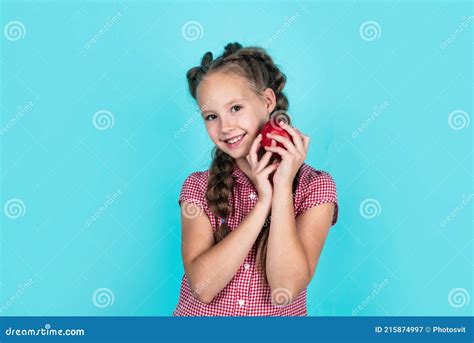 Happy Girl Holding Apples From Garden Kid Hold Fresh Fruit Child