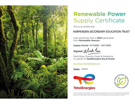 Renewable Energy Certificate Katherine Warington School