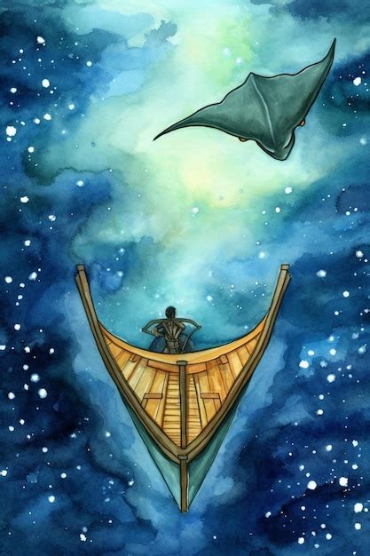 Premium Ai Image Painting Of A Man In A Boat With A Manta Ray Flying