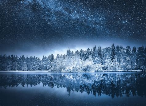 Milky Way Finland Forest Snow Water Fall Starry Night Trees