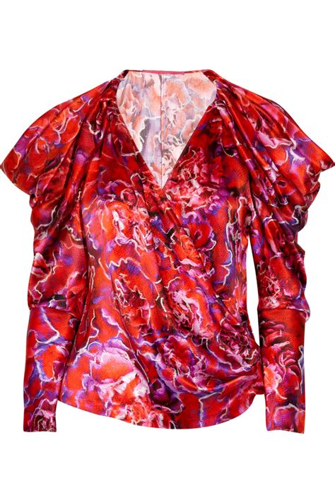 Emanuel Ungaro Floral Print Hammered Silk Satin Blouse In Red Lyst