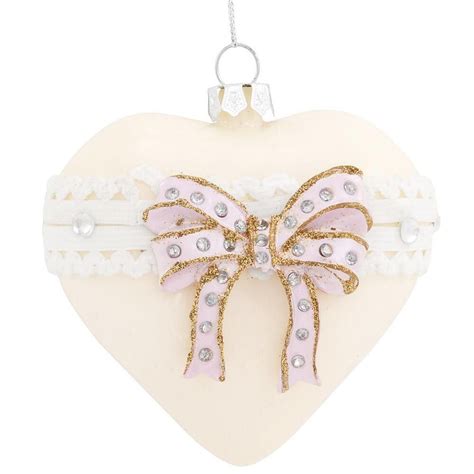 White Glass Heart Ornament With Pink Bow And Lace Heart