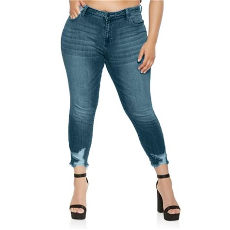 Women Plus Size Ripped Stretch Slim Denim Skinny Jeans Pants High Waist