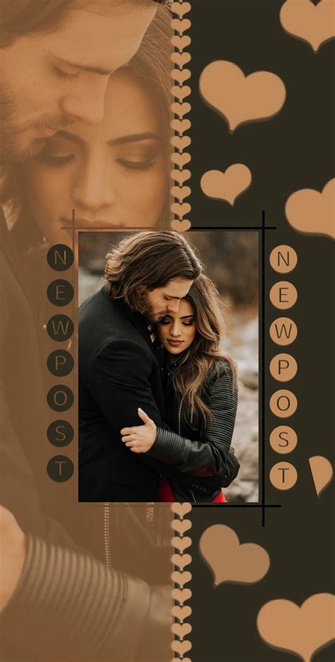 A Couple Hugging Each Other In Front Of Hearts On A Black And Gold Background With The Words New