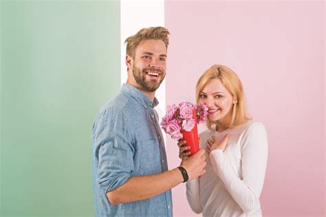 Man Congratulates Woman Birthday Anniversary Holiday Pastel Background Couple In Love