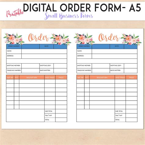 Digital Order Form Printable Template Custom Personalised Small