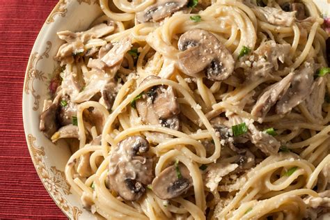 Have fun with the kids and make this savoury cake out of spaghetti! Creamy Chicken and Mushroom Spaghetti Recipe - Chowhound