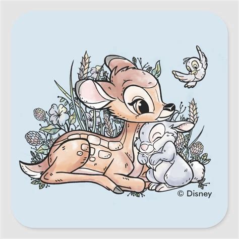 Bambi And Thumper Sitting In The Flowers Square Sticker Bambi And Thumper Bambi