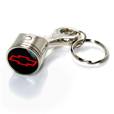 Chevy Red Bowtie Logo Chrome Metal Piston Key Chain Ring Fob Official