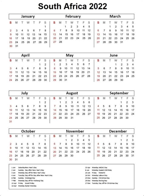 Free Printable South Africa 2022 Calendar With Holidays Pdf