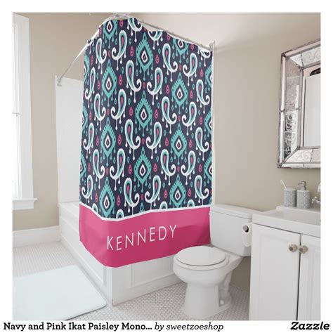 The renzo curtains feature an ikat geometric print on a linen blend ground. Navy and Pink Ikat Paisley Monogram Shower Curtain (With ...